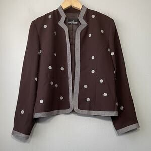 Vintage Crepe Jacket Size 6 Petite Embroidered Brown Polka Dot Open Front Blazer